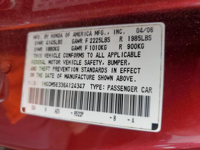 1HGCM56336A124347 - 2006 HONDA ACCORD SE RED photo 10