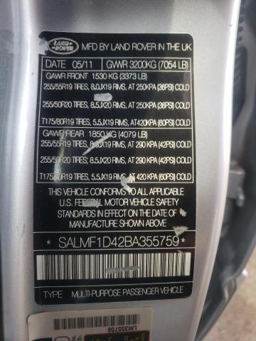 SALMF1D42BA355759 - 2011 LAND ROVER RANGE ROVE SILVER photo 10