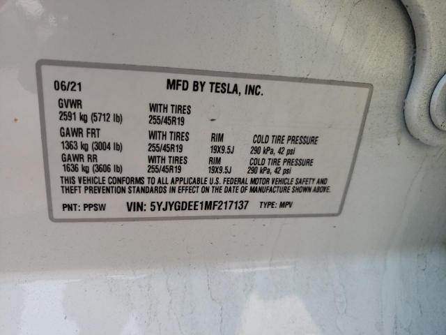 5YJYGDEE1MF217137 - 2021 TESLA MODEL Y أبيض صورة 10