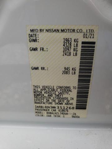 1N4BL4DV3MN351268 - 2021 NISSAN ALTIMA SV WHITE photo 10