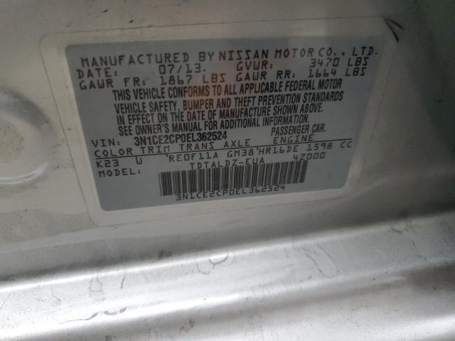 3N1CE2CP0EL362524 - 2014 NISSAN VERSA NOTE SILVER photo 10