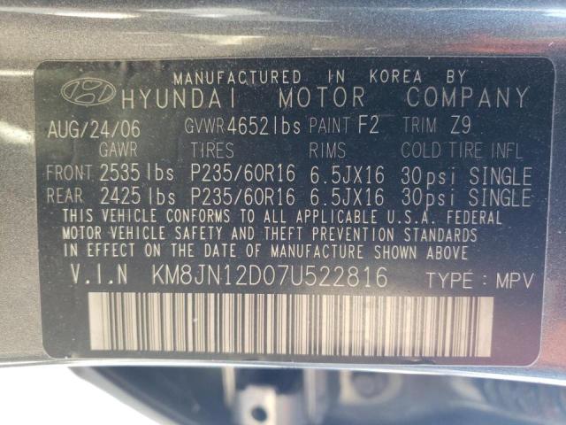 KM8JN12D07U522816 - 2007 HYUNDAI TUCSON SE CHARCOAL photo 10