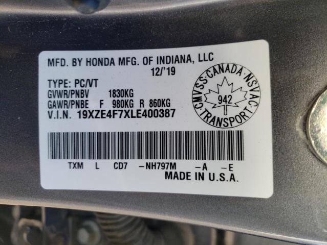 19XZE4F7XLE400387 - 2020 HONDA INSIGHT TO GRAY photo 10