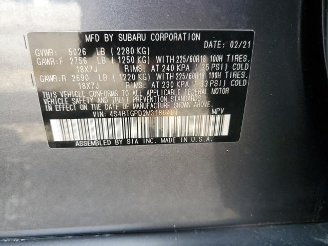 4S4BTGPD2M3186481 - 2021 SUBARU OUTBACK TO GRAY photo 10