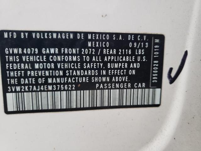 3VW2K7AJ4EM375622 - 2014 VOLKSWAGEN JETTA BASE 白色 照片 10