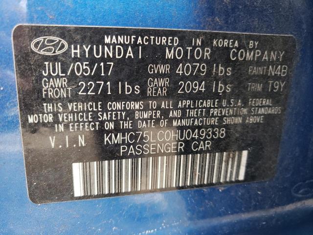 KMHC75LC0HU049338 - 2017 HYUNDAI IONIQ SEL BLUE photo 10