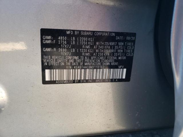 4S4BTAAC6M3110162 - 2021 SUBARU OUTBACK SILVER photo 10