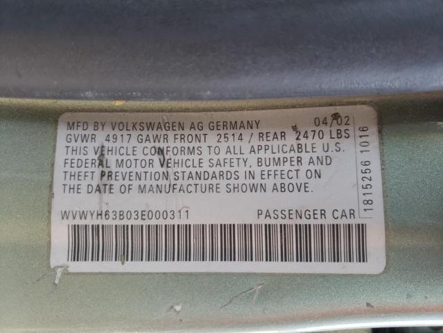 WVWYH63B03E000311 - 2003 VOLKSWAGEN PASSAT GLX Yaşıl foto 10