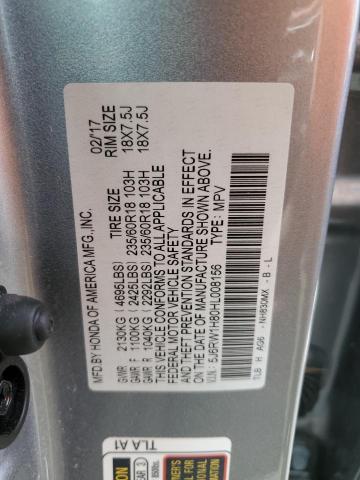 5J6RW1H80HL008156 - 2017 HONDA CR-V EXL SILVER photo 10