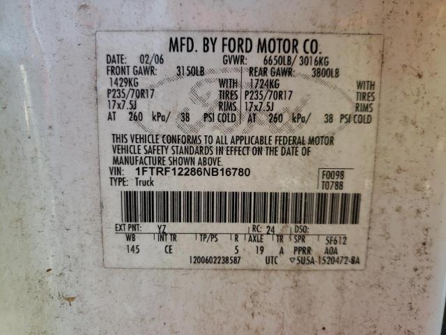 1FTRF12286NB16780 - 2006 FORD F150 WHITE photo 10