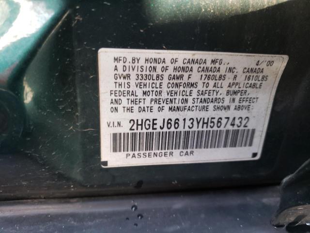 2HGEJ6613YH567432 - 2000 HONDA CIVIC BASE GREEN photo 10