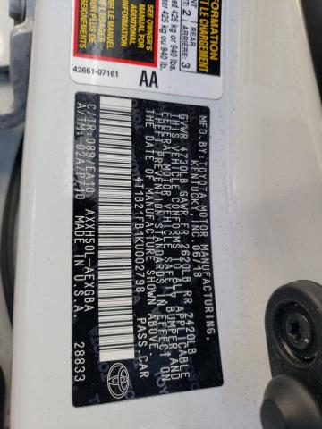 4T1B21FB1KU002798 - 2019 TOYOTA AVALON XLE WHITE photo 10