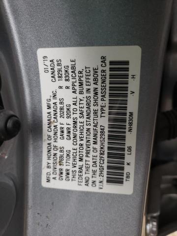 2HGFC2F82KH529847 - 2019 HONDA CIVIC SPOR SILVER photo 10