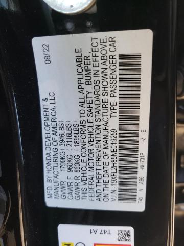 19XFL2H85NE019259 - 2022 HONDA CIVIC SPOR CHARCOAL photo 10