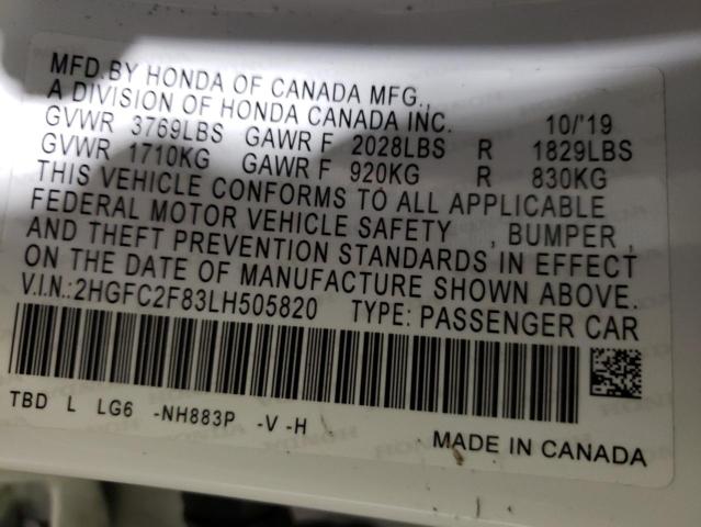 2HGFC2F83LH505820 - 2020 HONDA CIVIC SPOR WHITE photo 10