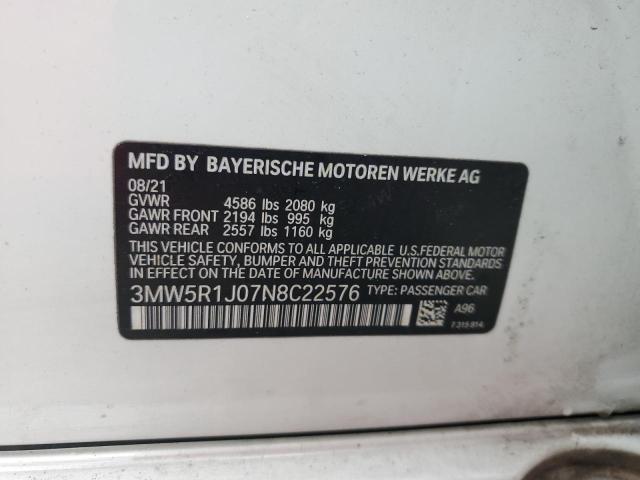 3MW5R1J07N8C22576 - 2022 BMW 330I WHITE photo 12