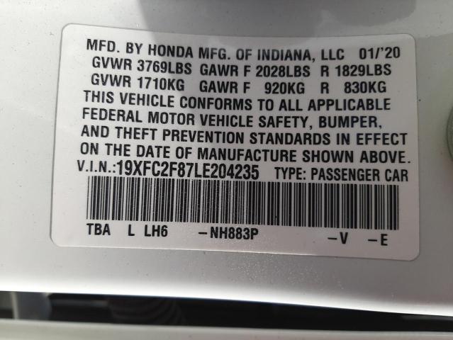 19XFC2F87LE204235 - 2020 HONDA CIVIC SPOR WHITE photo 10