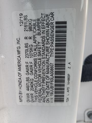 19UUB1F63LA008607 - 2020 ACURA TLX TECHNO WHITE photo 10