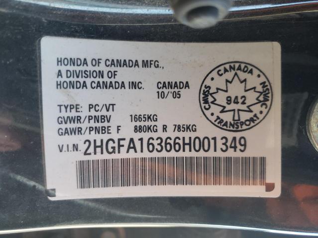 2HGFA16366H001349 - 2006 HONDA CIVIC DX V BLACK photo 10