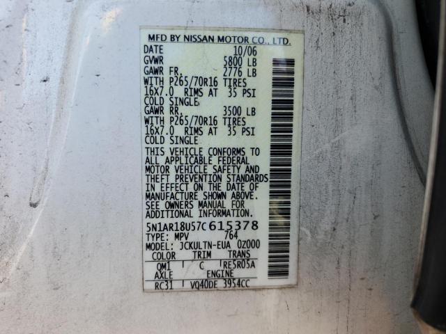 5N1AR18U57C615378 - 2007 NISSAN PATHFINDER WHITE photo 10