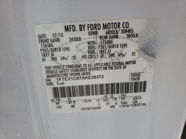 1FTEX1C87AKE39372 - 2010 FORD F150 SUPER CAB  photo 10