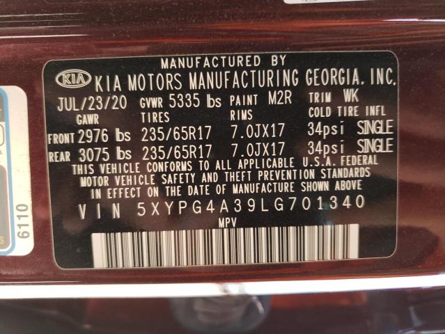 5XYPG4A39LG701340 - 2020 KIA SORENTO L BURGUNDY photo 10