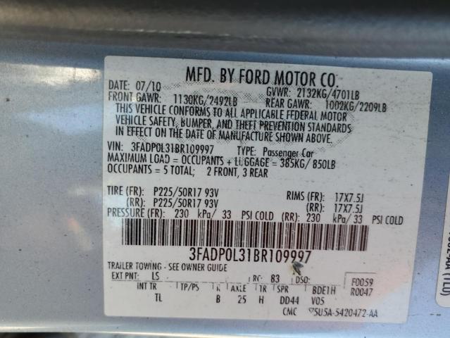 3FADP0L31BR109997 - 2011 FORD FUSION HYB BLUE photo 10