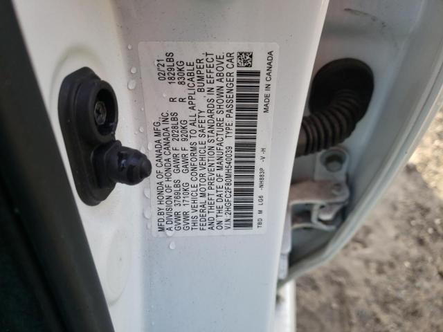 2HGFC2F80MH540039 - 2021 HONDA CIVIC SPOR WHITE photo 10