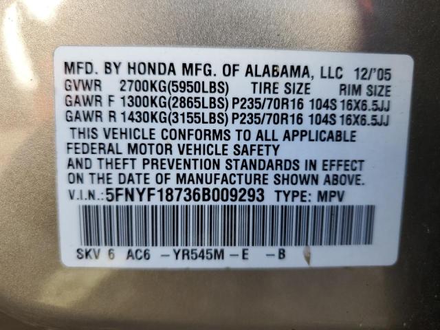 5FNYF18736B009293 - 2006 HONDA PILOT GOLD photo 10