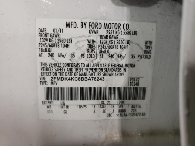 2FMDK4KC8BBA78243 - 2011 FORD EDGE LIMIT WHITE photo 10