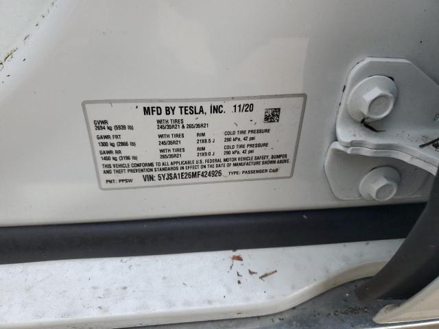 5YJSA1E26MF424926 - 2021 TESLA MODEL S Blanco foto 10