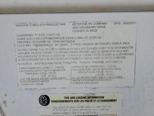 4YDF3752XB4702050 - 2011 KEYSTONE MONTANA WHITE photo 10