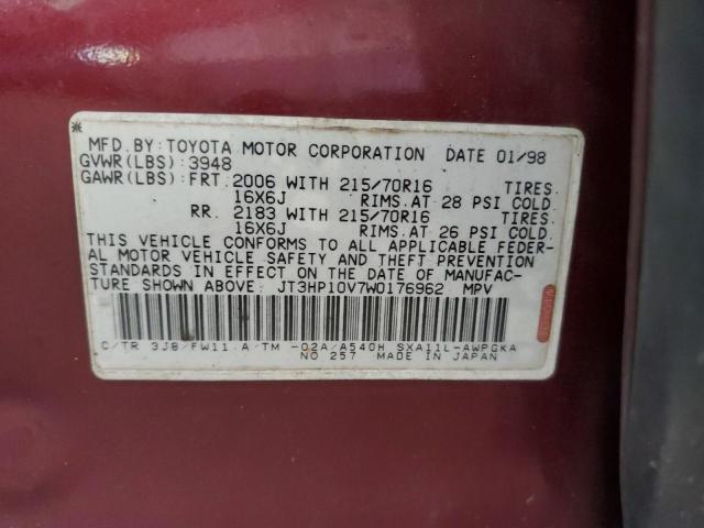 JT3HP10V7W0176962 - 1998 TOYOTA RAV 4 BURGUNDY photo 10