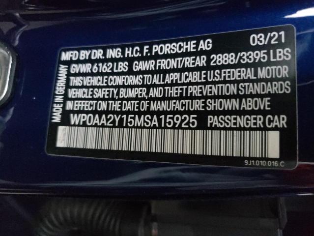 WP0AA2Y15MSA15925 - 2021 PORSCHE TAYCAN BLUE photo 10