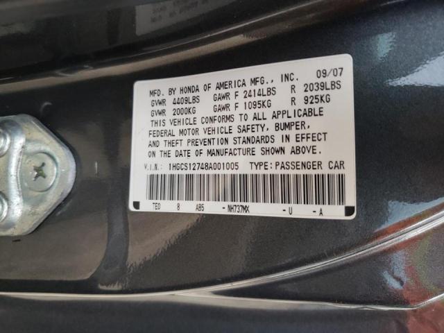 1HGCS12748A001005 - 2008 HONDA ACCORD EXL GRAY photo 10