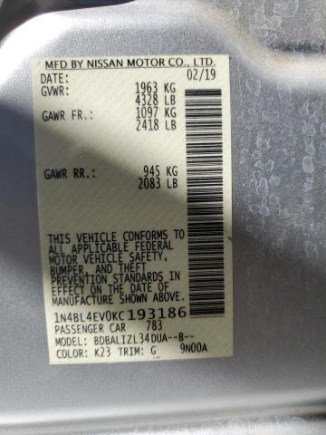 1N4BL4EV0KC193186 - 2019 NISSAN ALTIMA SL SILVER photo 10