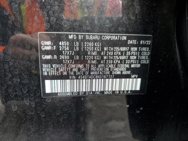 4S4BTADC8N3187127 - 2022 SUBARU OUTBACK PR BLACK photo 10