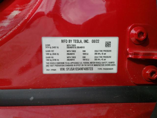 5YJSA1E54NF489723 - 2022 TESLA MODEL S Կարմիր լուսանկար 10