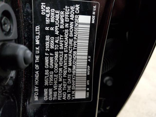 SHHFK7H93MU214258 - 2021 HONDA CIVIC SPOR 黑色 照片 10