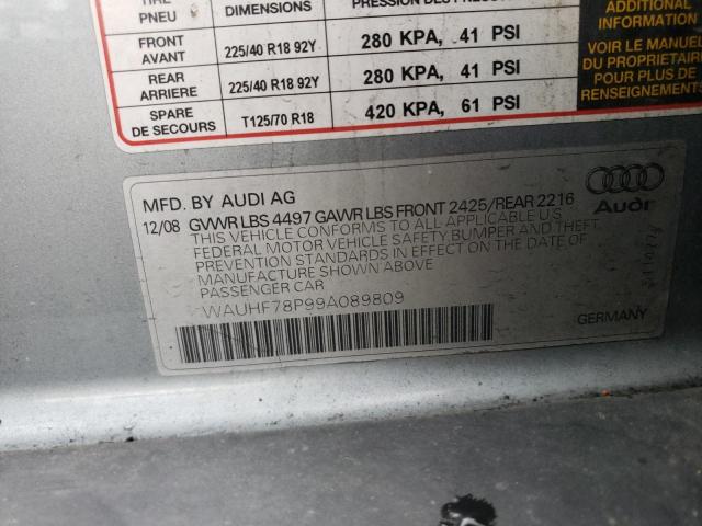 WAUHF78P99A089809 - 2009 AUDI A3 2.0T SILVER photo 10