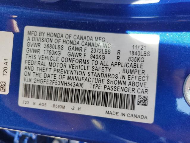 2HGFE2F53NH543406 - 2022 HONDA CIVIC SPOR BLUE photo 10