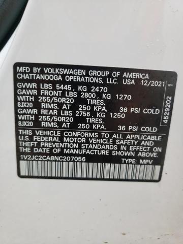 1V2JC2CA8NC207056 - 2022 VOLKSWAGEN ATLAS CROS Blanc photo 10