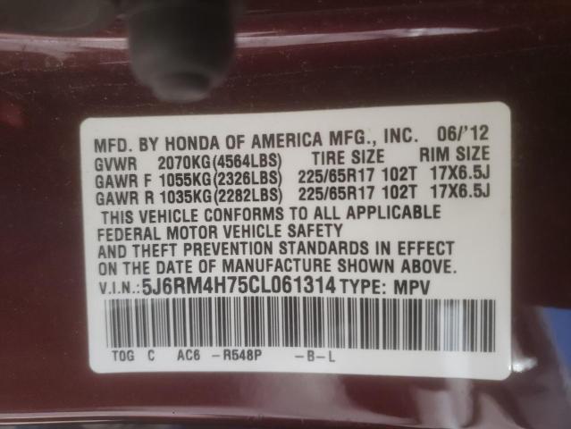 5J6RM4H75CL061314 - 2012 HONDA CR-V EXL MAROON photo 10