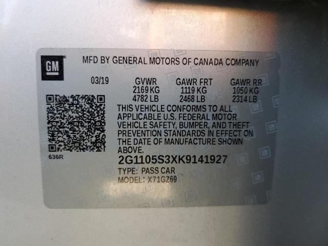 2G1105S3XK9141927 - 2019 CHEVROLET IMPALA PRE ვერცხლისფერი ფოტო 10