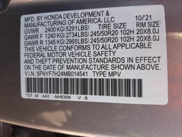 5FNYF7H24MB014541 - 2021 HONDA PASSPORT S SILVER photo 10