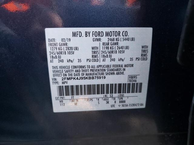 2FMPK4J95KBB75919 - 2019 FORD EDGE SEL BLUE photo 10