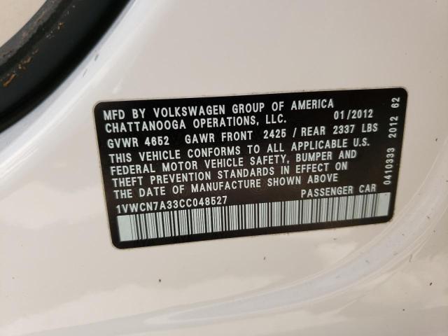 1VWCN7A33CC048527 - 2012 VOLKSWAGEN PASSAT SEL WHITE photo 10