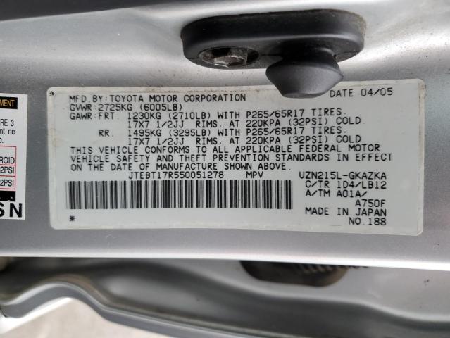 JTEBT17R550051278 - 2005 TOYOTA 4RUNNER LI SILVER photo 10