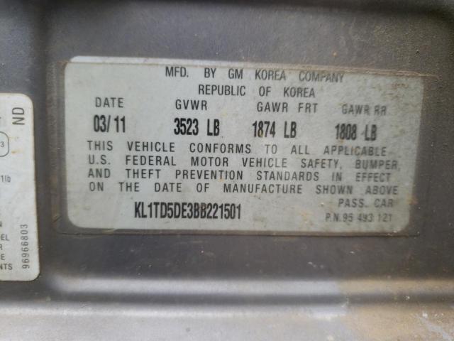 KL1TD5DE3BB221501 - 2011 CHEVROLET AVEO LS 灰色 照片 10