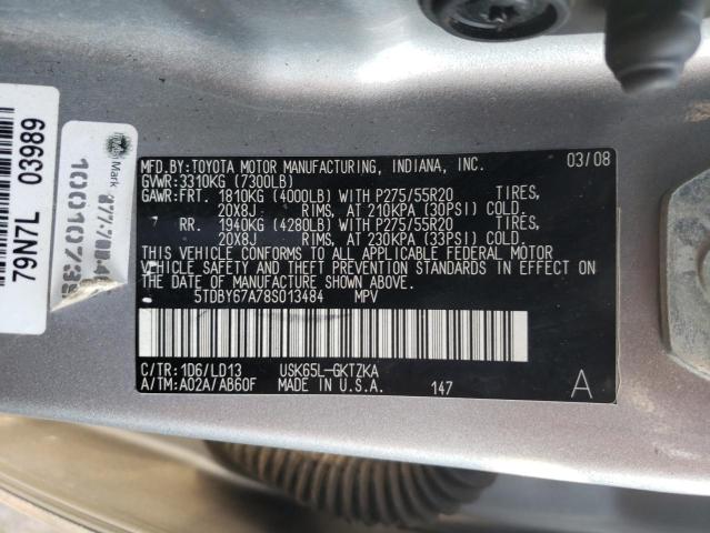 5TDBY67A78S013484 - 2008 TOYOTA SEQUOIA PL SILVER photo 10